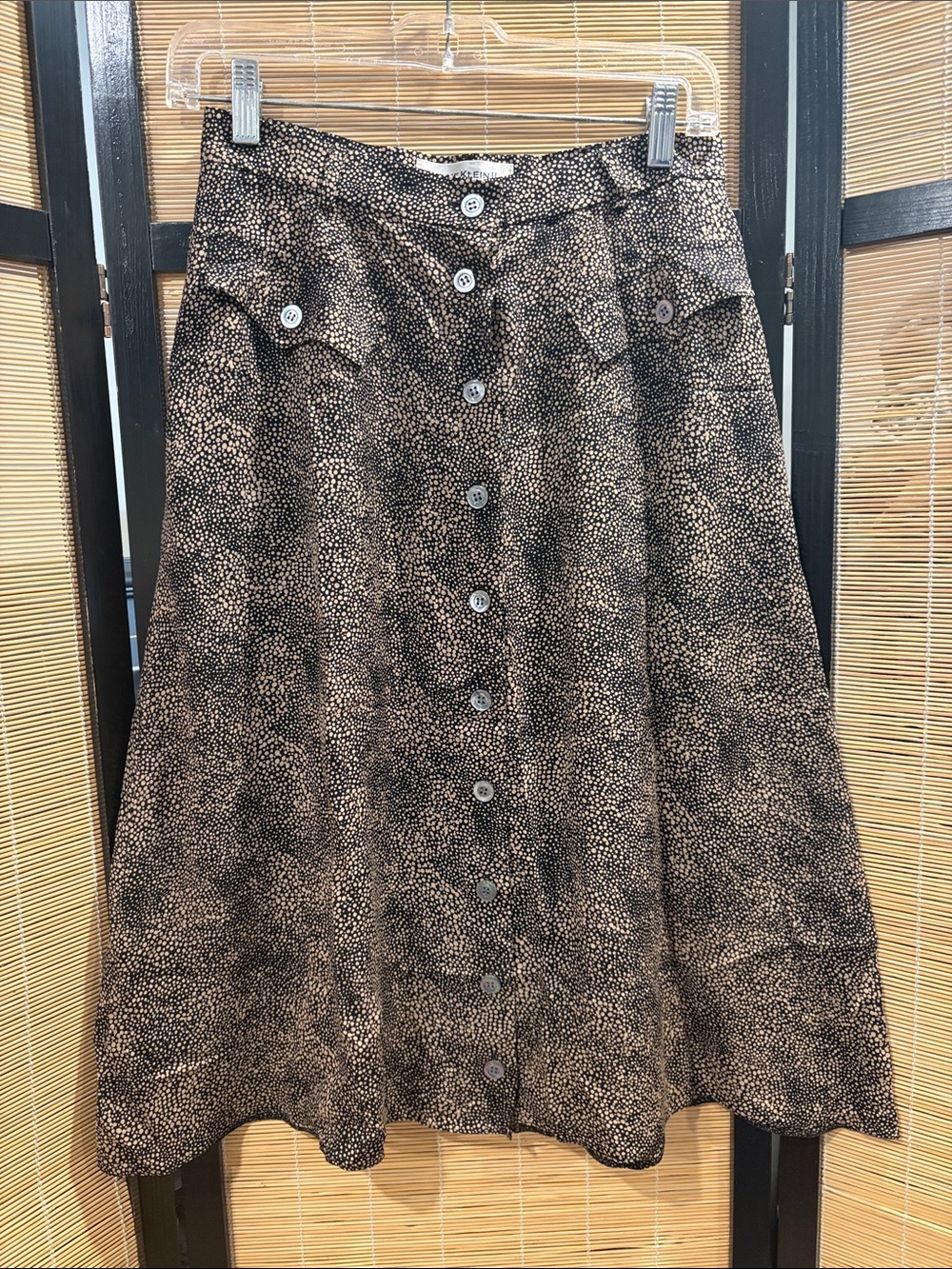 Silk Button-Front A-Line Skirt in Black/Brown Speckle